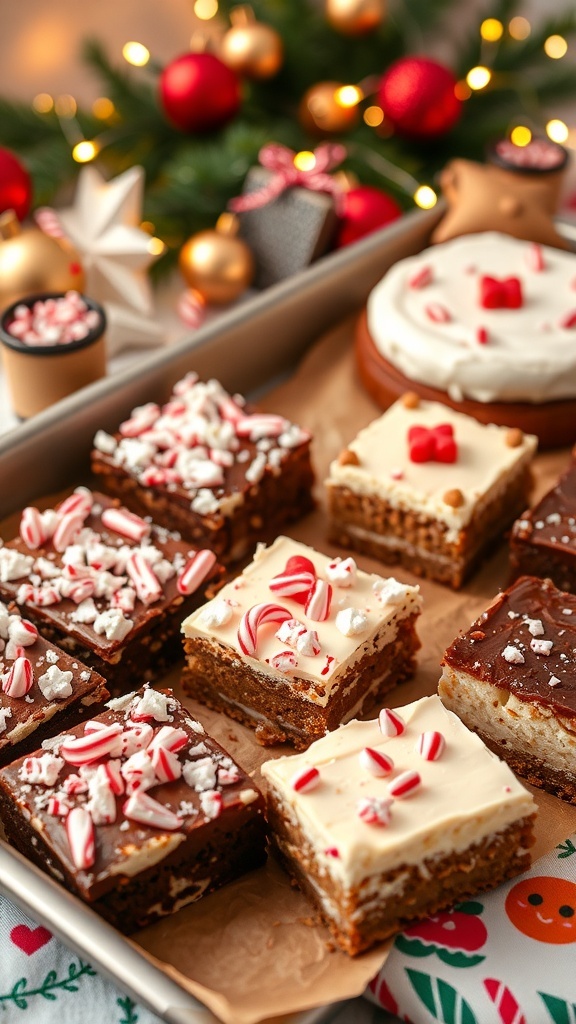 Delicious 9x13 Christmas Desserts A 9x13 pan of assorted Christmas desserts including brownies, gingerbread cake, and cheesecake bars, surrounded by holiday decorations.